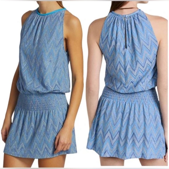 NWT RAMY BROOK Paris Jacquard Metallic Chevron Sleeveless Blue Boho Dress Sz M - Picture 16 of 16